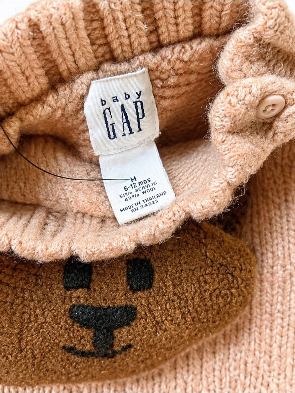 Baby Gap 6-12M Wool Blend Bear Pocket Turtleneck Sweater Pink/Tan